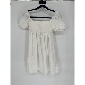 Aritzia Sunday Best Hadley White Puff Sleeve Smock Babydoll Mini Dress Sz S